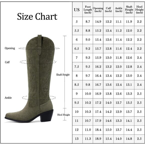 Women's Green Knee High Wide Calf Cowgirl Boots Slip On Pointed Toe Chunky Heel - Picture 6 of 6